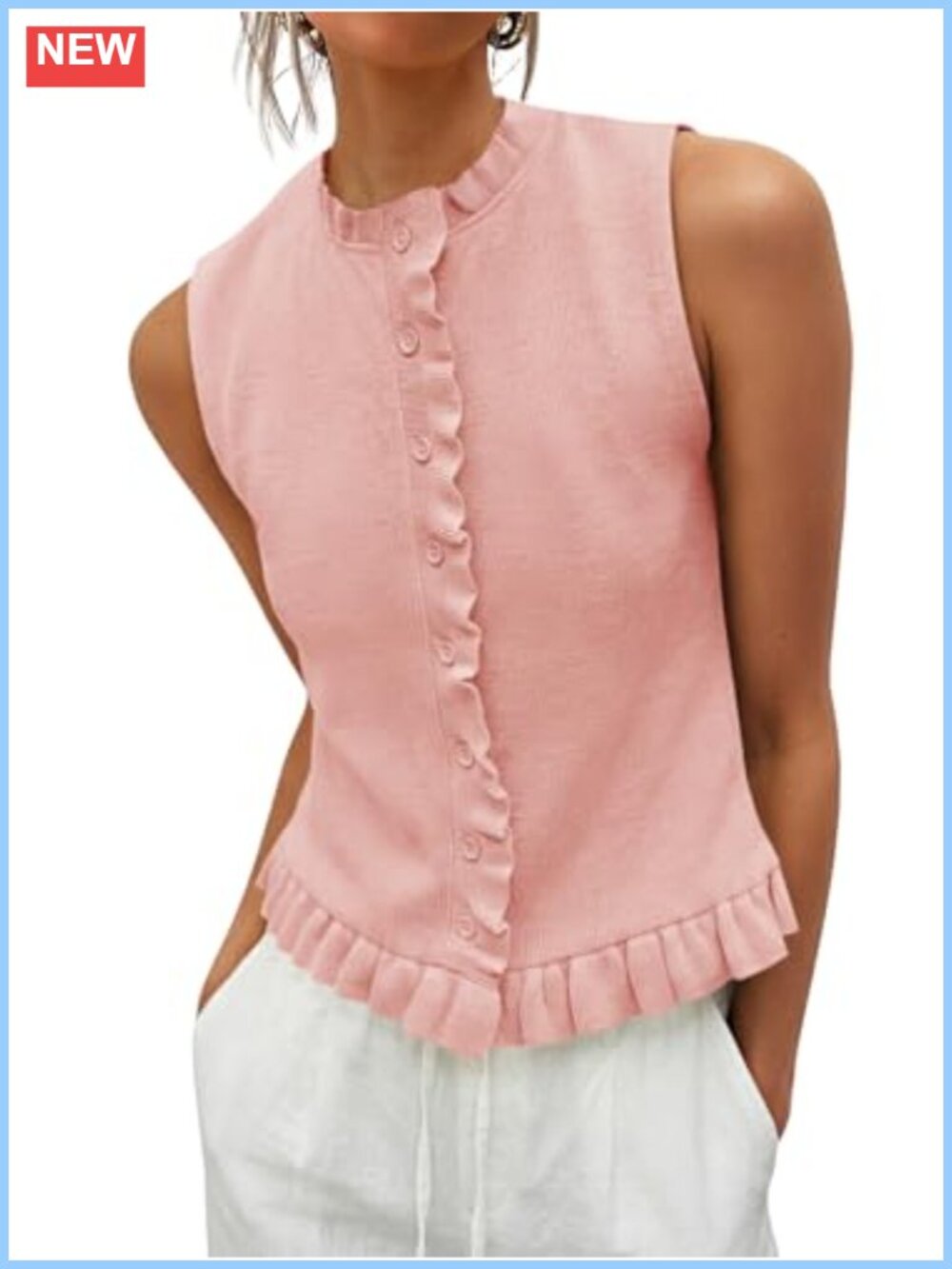Sleeveless Ribbed Knit Sweater Vest Ruffle Trim Button Down Tank Top